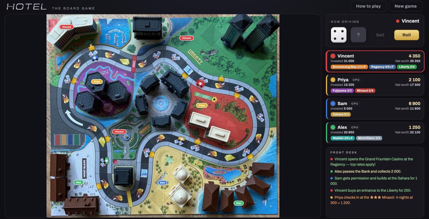 A four-player game in progress. Cars are spread around the island, hotels
                  have been built at the Regency, Mirasol, Waikiki and Mont Blanc, yellow
                  entrances stand beside the road, and the running commentary fills the panel
                  on the right.